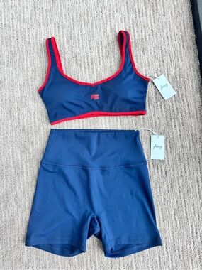 Fancy the Brand Blue & Red Active Sports Bra and High-Waist Shorts Set